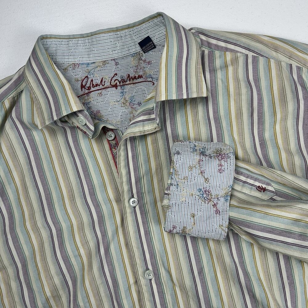Robert Graham Stripe Flip Cuff L/S Shirt 2XL Floral Contrast Loud Luxury